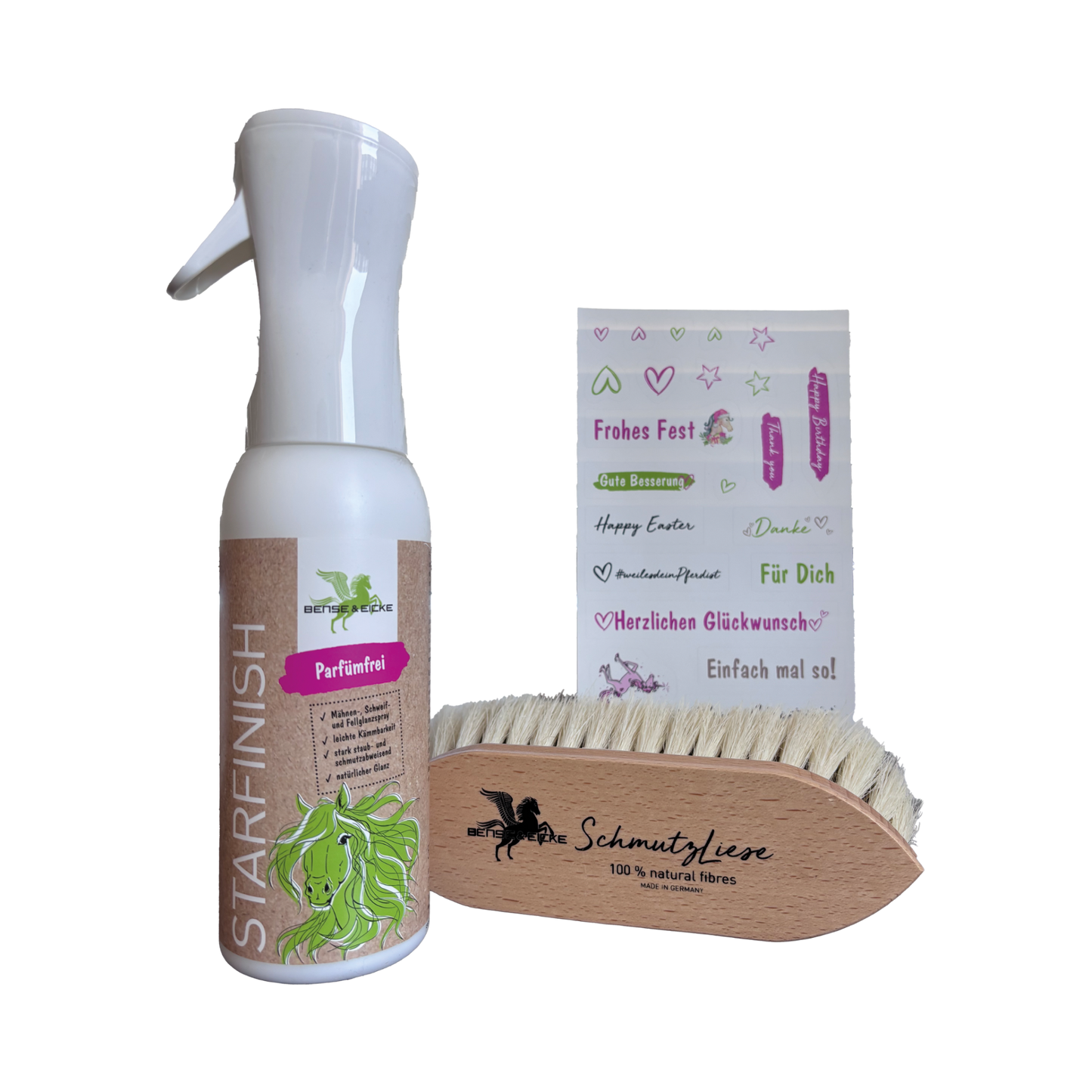 Das Bense & Eicke Geschenkset mit Bürste "SchmutzLiese"mit harten Naturfasern + Starfinish 500 ml Spray, 2teilig, parfümfrei sowie Stickerbogen für jede Gelegenheit ohne Verpackung