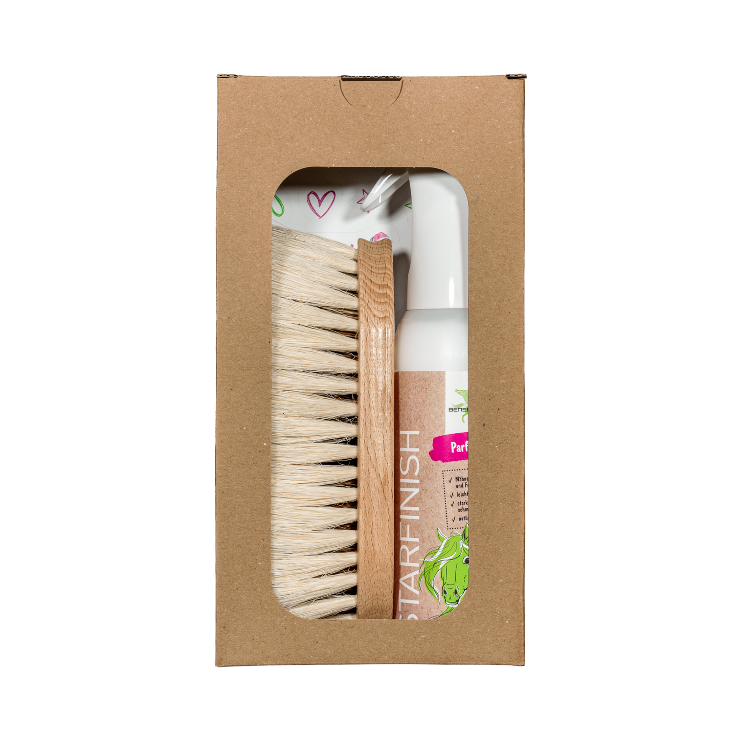 Das Bense & Eicke Geschenkset mit Bürste "SchmutzLiese"mit harten Naturfasern + Starfinish 500 ml Spray, 2teilig, parfümfrei sowie Stickerbogen für jede Gelegenheit in der Geschenkverpackung aus Pappe und Klarsichtfolie