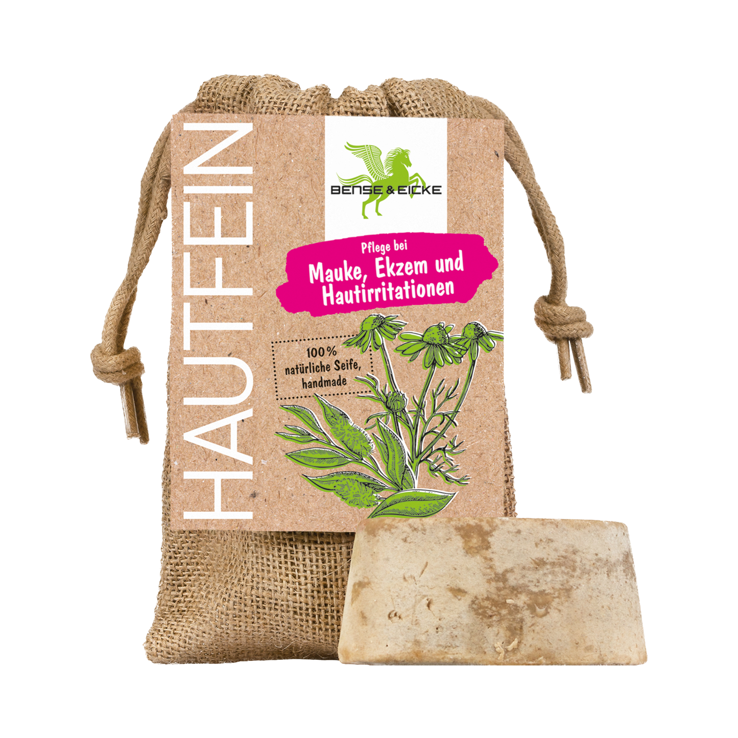 Bense & Eicke HautFein Naturseife gegen Mauke und Sommerekzem 100 g im Jutesack den man auch zum Waschen und Einschäumen benutzen kann.