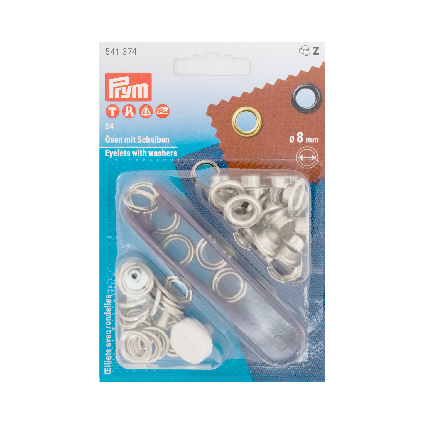 Prym Ösen mit Scheiben, Ø 8 mm silberfarbig und mit Werkzeug in durchsichtiger Verpackung
