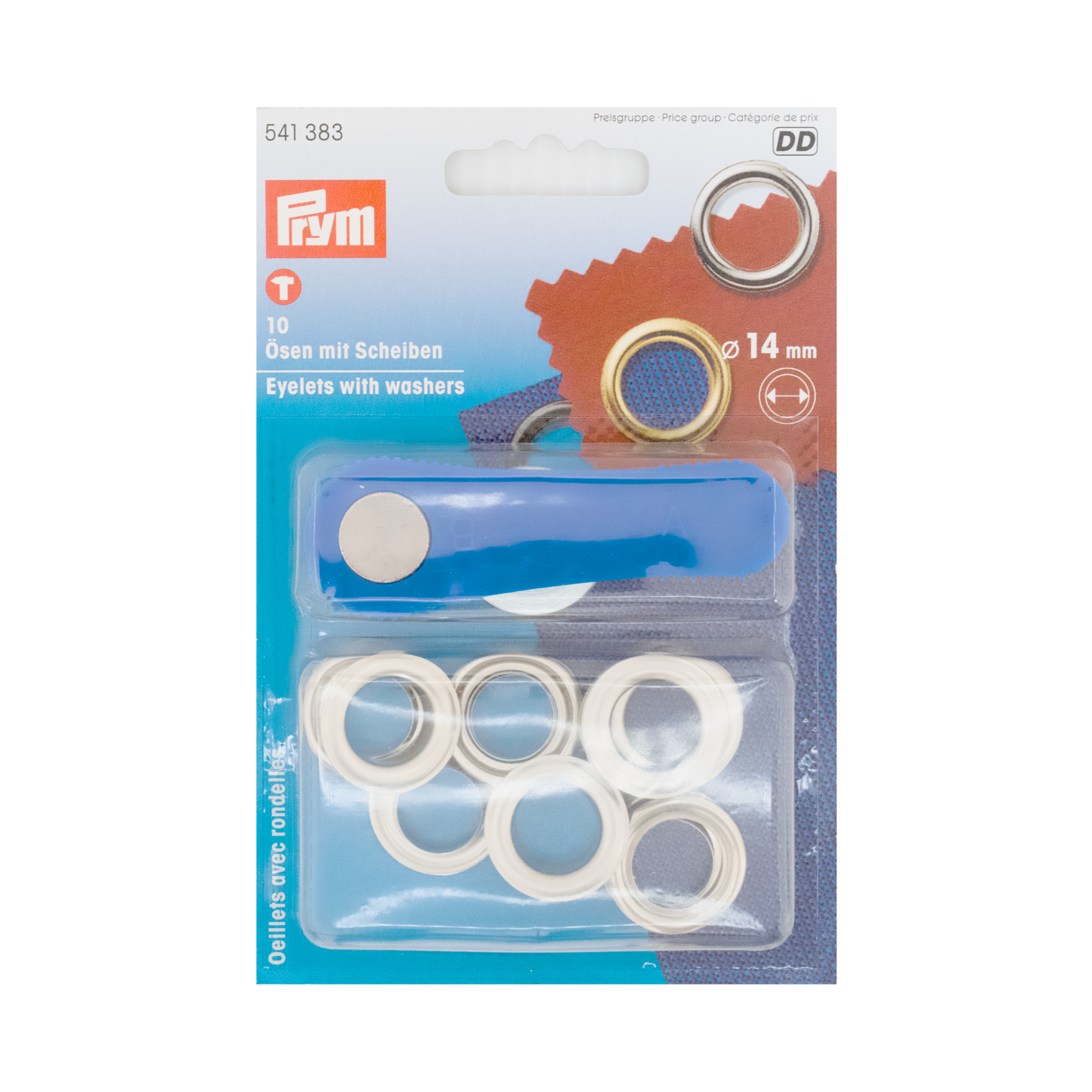 Prym Ösen mit Scheiben, Ø 14 mm silberfarbig und mit Werkzeug in durchsichtiger Verpackung