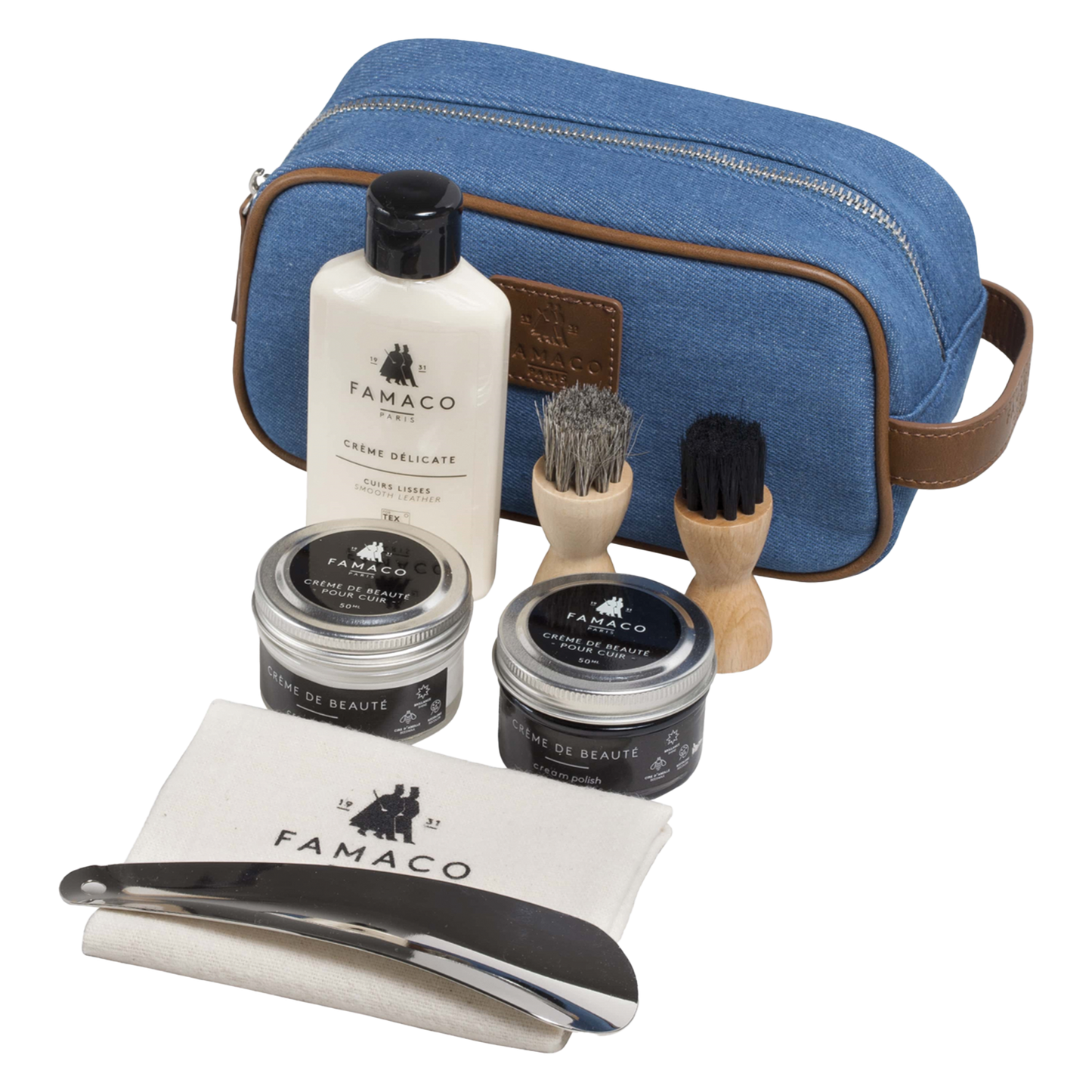 Famaco Nevada Jeans Bag Set Schuhpflege Set mit kleiner Denim Tasche, zwei Pinseln / Bürsten einem Poliertuch und zwei Schuhcremes, einer Lotion sowie einem kleinen Schuhanzieher aus Metall