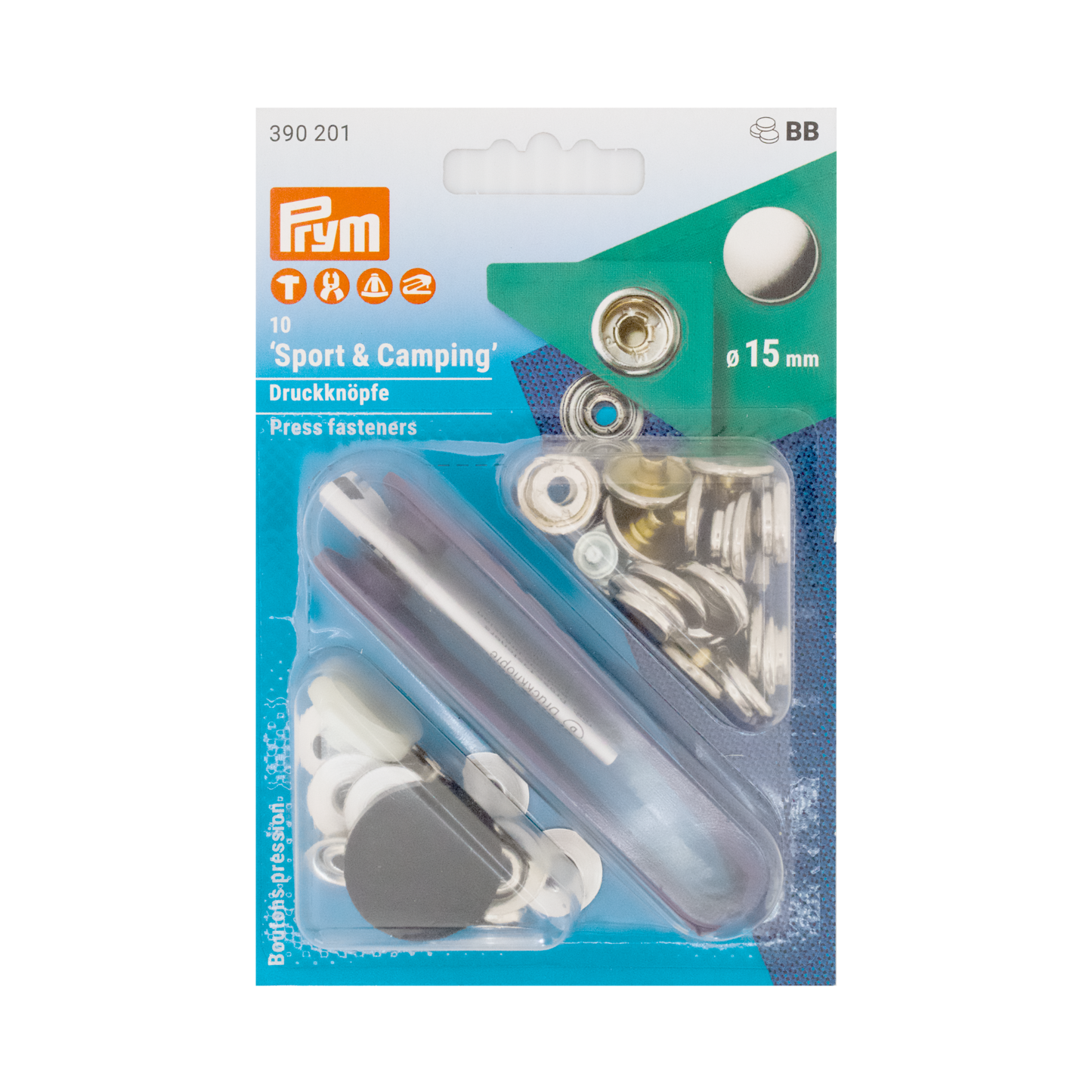 Prym Druckknöpfe "Sport & Camping", nähfrei, Ø 15 mm silberfarbig und mit Werkzeug in der Blister Verpackung