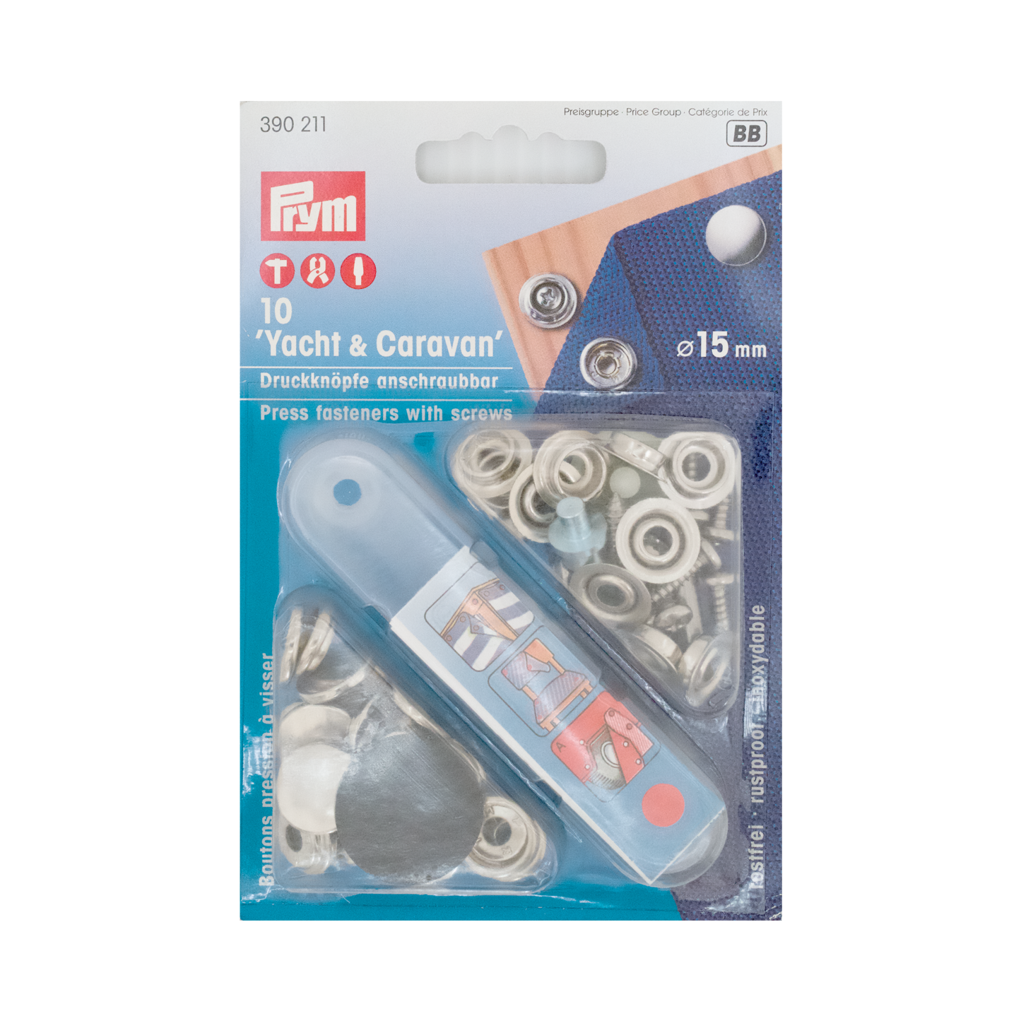 Prym Druckknöpfe "Yacht & Caravan", nähfrei, anschraubbar, Ø 15 mm silberfarbig und mit Werkzeug in der Blister Verpackung
