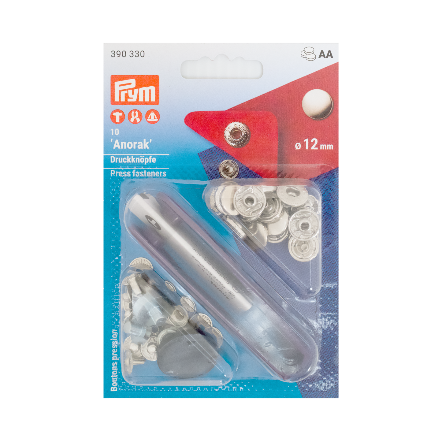 Prym Druckknöpfe "Anorak", nähfrei, Ø 12 mm silberfarbig und mit Werkzeug in der Blister Verpackung