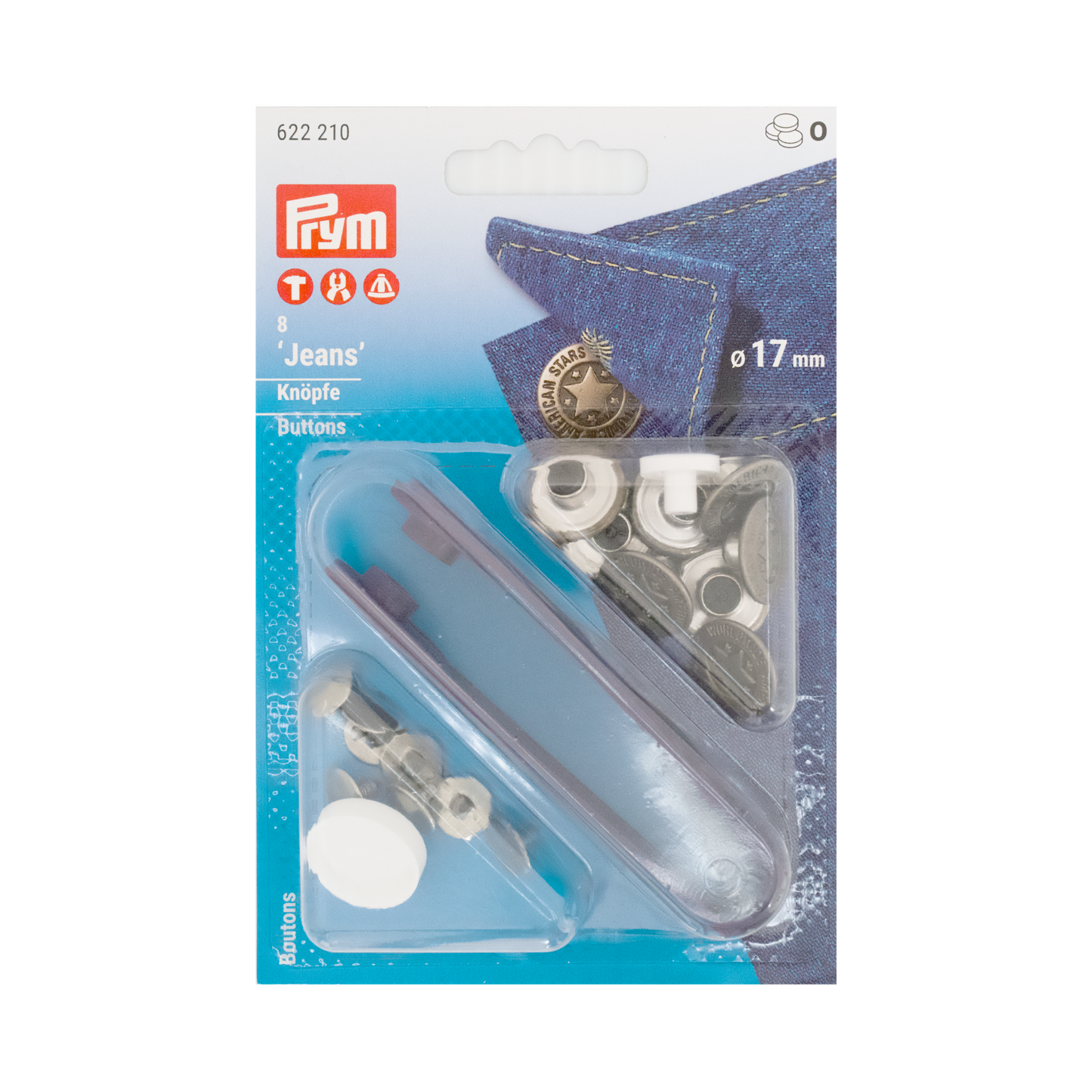 Prym Jeansknöpfe "American Star", nähfrei, Ø 17 mm in altsilber und mit Werkzeug in der Blister Verpackung