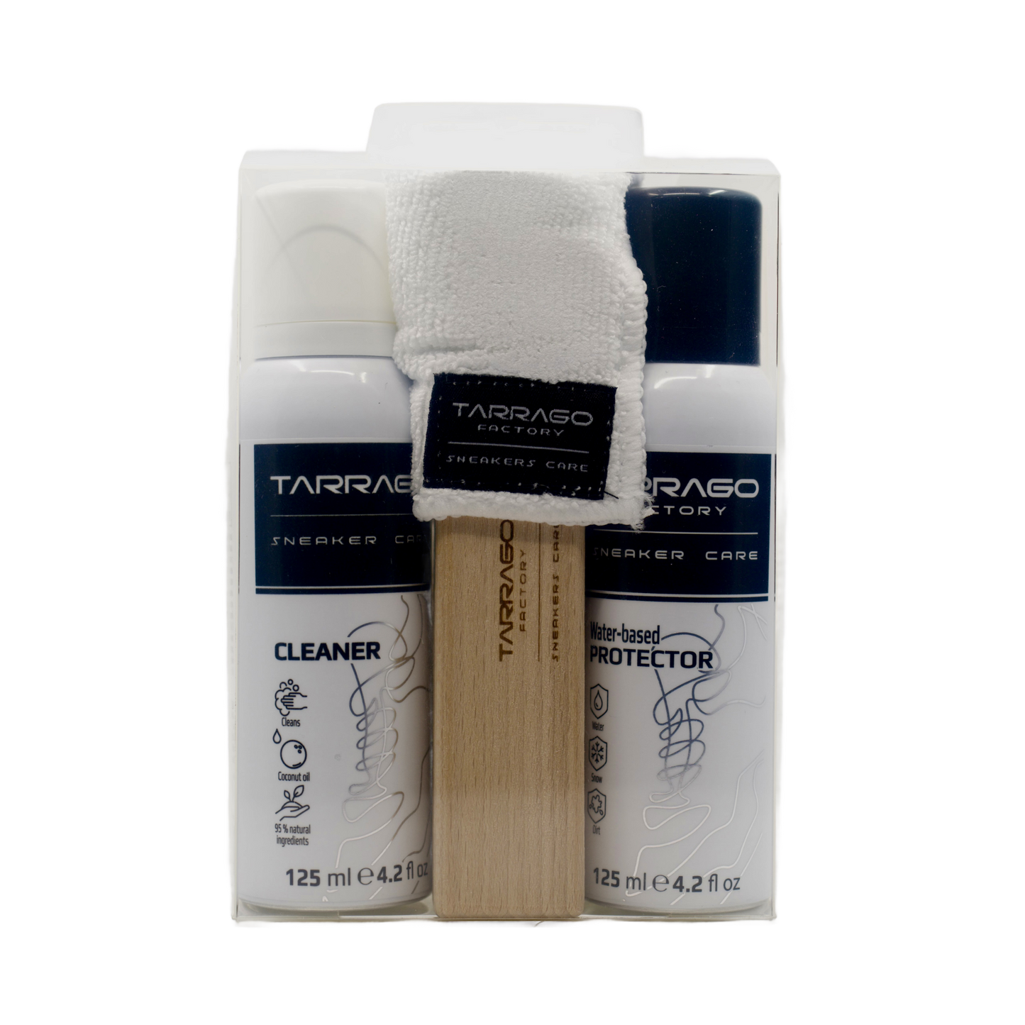 Tarrago Sneakers Care Schuhpflege-Set 4-teilig mit Cleaner Reinigungsmittel und Protector, ein natürliches Imprägnierspray, jeweils in der eleganten schwarz weißen Verpackung mit dazu passendem Poliertuch und einer Holzschuhbürste in der durchsichtigen Geschenkverpackung