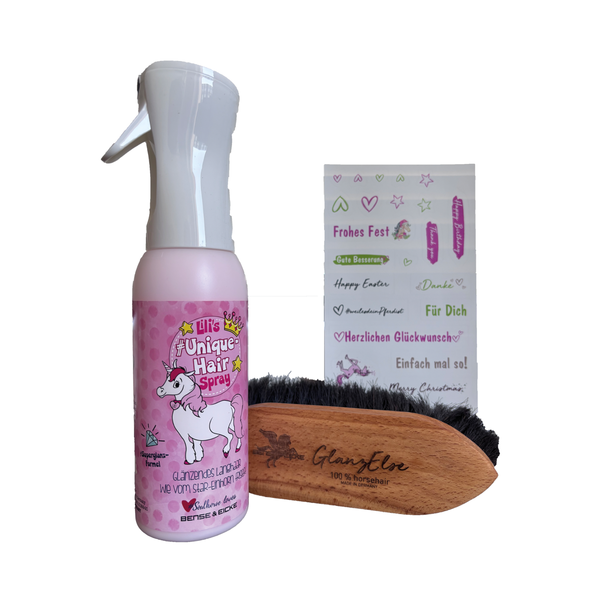 Das Bense & Eicke Geschenkset mit Rosshaar Bürste "GlanzElse" + Spray Starfinish 500 ml "Unicorn Edition" mit Stickerbogen für jede Gelegenheit ohne Verpackung