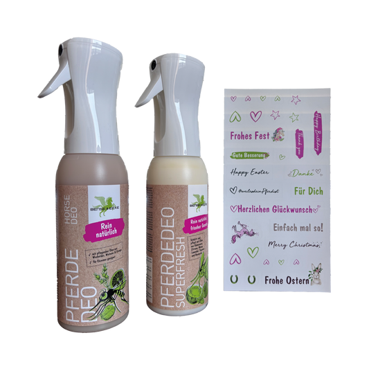 Das Bense & Eicke Geschenkset Pferde Deo 500 ml + Pferde Deo Superfresh 500 ml sowie Stickerbogen für jede Gelegenheit ohne Verpackung