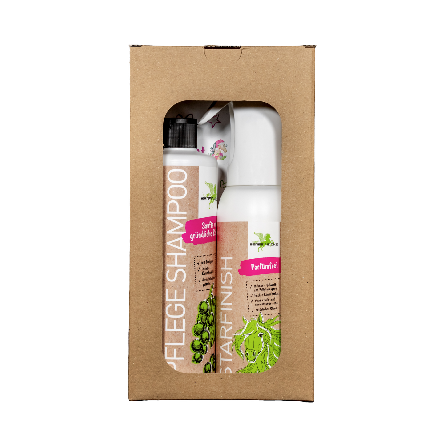 Das Bense & Eicke Geschenkset mit Bürste "SchmutzLiese"mit harten Naturfasern + Starfinish 500 ml Spray, 2teilig, parfümfrei sowie Stickerbogen für jede Gelegenheit in der Geschenkverpackung aus braunem Karton und Klarsichtfolie