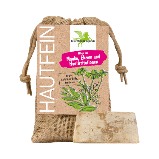 Bense & Eicke HautFein Naturseife gegen Mauke und Sommerekzem 100 g im Jutesack den man auch zum Waschen und Einschäumen benutzen kann.