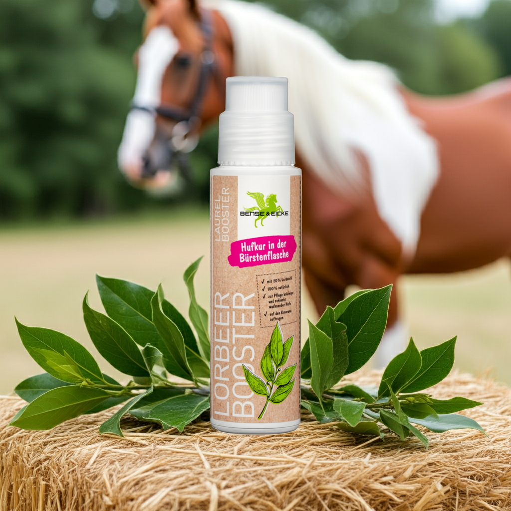 Bense und Eicke Lorbeer Booster in Plastikflasche mit Bürstenaufträger auf einem Strohballen mit Lorbeerblättern und im Hintergrund ein braunes Pferd mit weißer Mähne