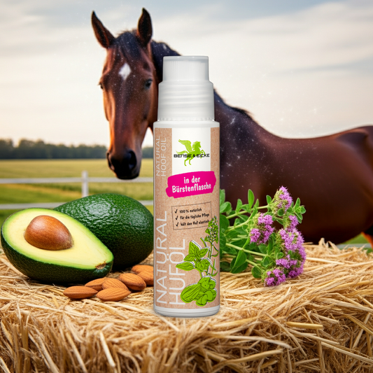 CasaBellissimo Bense & Eicke Natural Huföl (819) 200 ml in der Bürstenflasche zum leichten Auftragen auf einem Heuballen dekoriert mit Avocado Mandel und Oregano und im Hintergrund ein braunes Pferd auf der Koppel