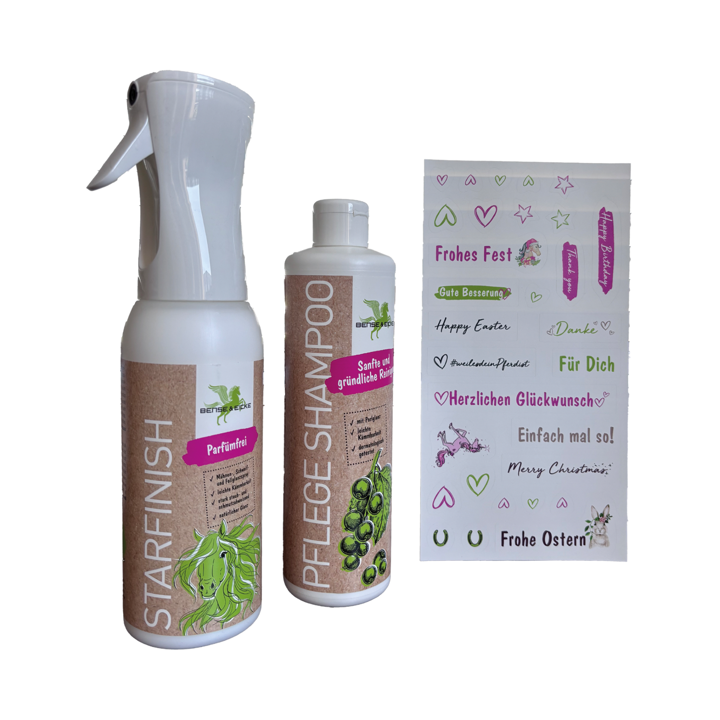 Das Bense & Eicke Geschenkset StarFinish 500 ml parfümfrei + Pflege Shampoo 500 ml sowie Stickerbogen für jede Gelegenheit ohne Verpackung