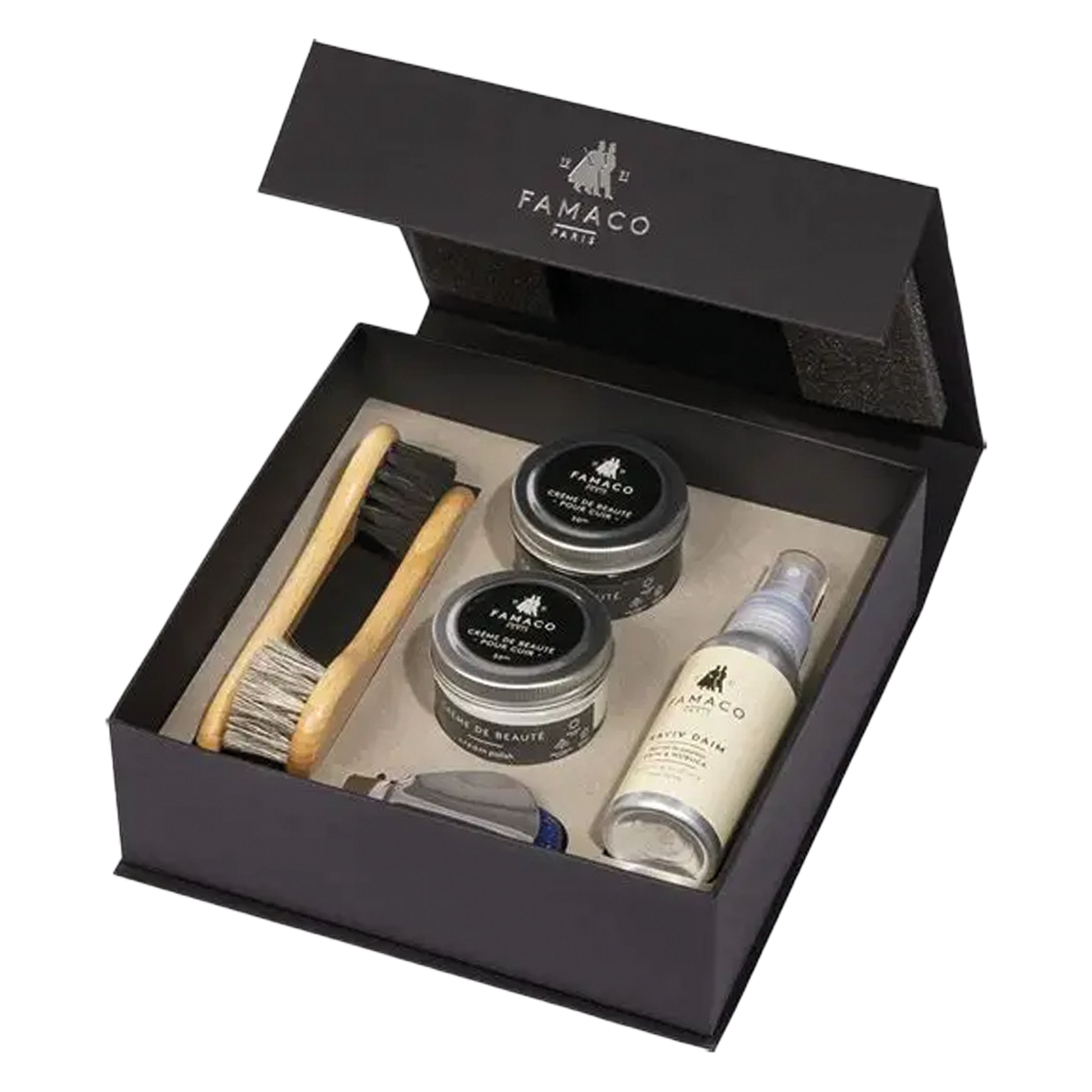Famaco Schuhpflege Set in luxuriöser schwarzer Klappschachtel, zwei Pinseln / Bürsten einem Poliertuch und zwei Schuhcremes, eine Spray sowie einem kleinen klappbaren Schuhanzieher aus Metall