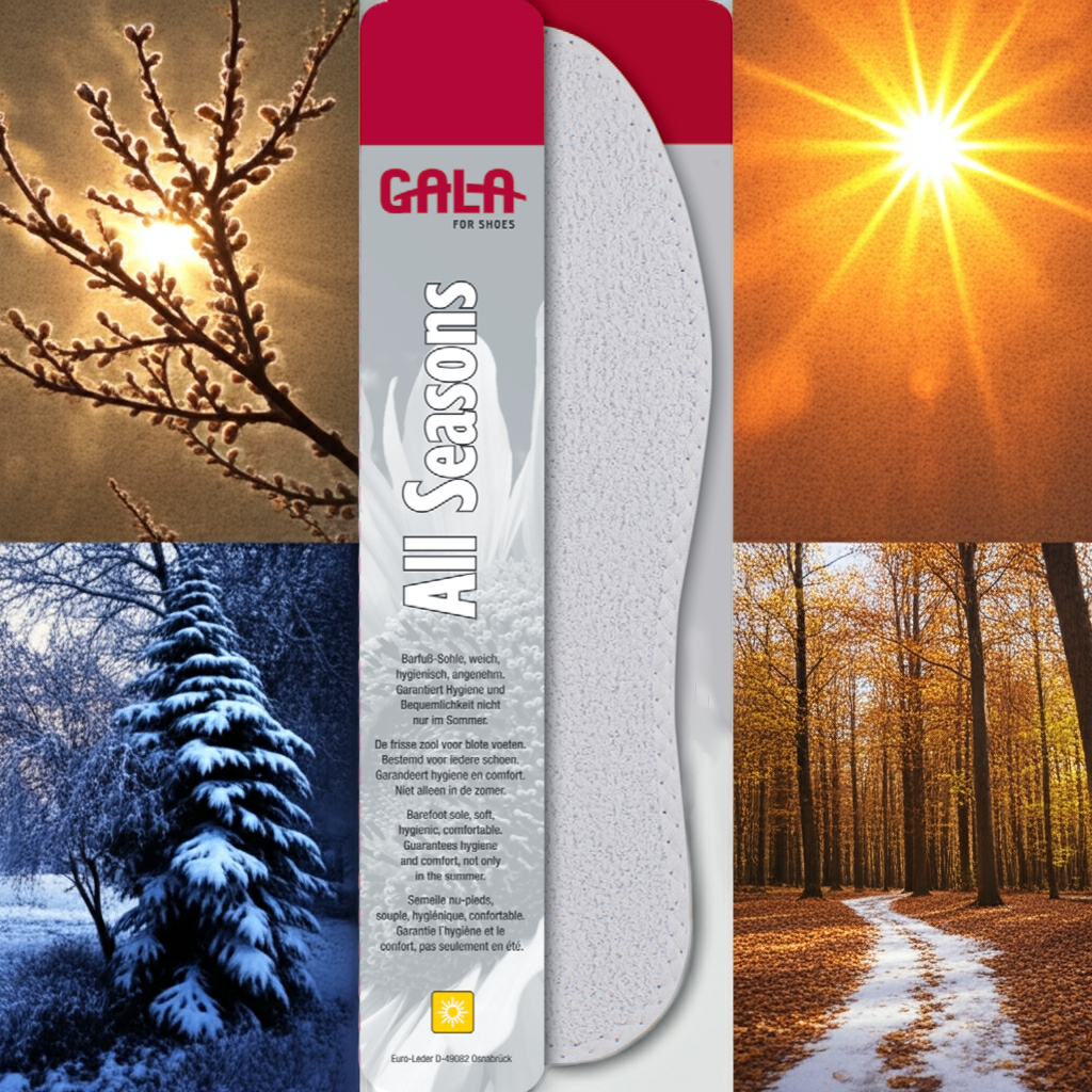 CasaBellissimo GALA Ganzjahres Einlegesohlen All Seasons Weiß im Hintergrund 4 Bilder von jeweils Frühling Sommer Herbst und Winter