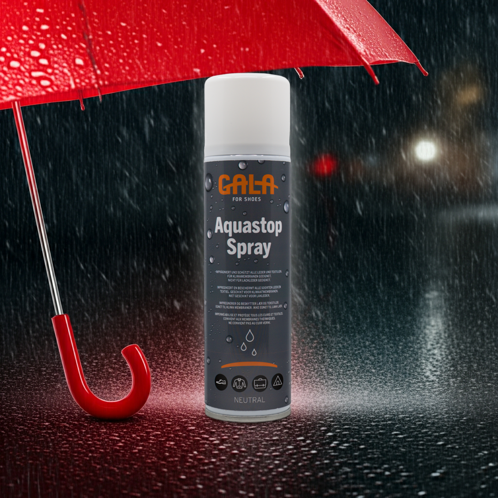 CasaBellissimo GALA for Shoes Aquastop Spray in der großen 400 ml Dose - farbneutrales Imprägnierspray  auf nassem Asphalt unter einem leuchtend roten Regenschirm - im Hintergrund eine regnerische Straße
