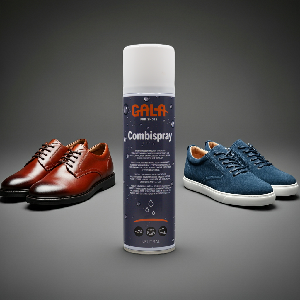 GALA-Combispray-250ml-neutral für Velourleder und Glattleder auf grauem Hintergrund mit einem Paar Velourlederschuhe und einem Paar Glattlederschuhe