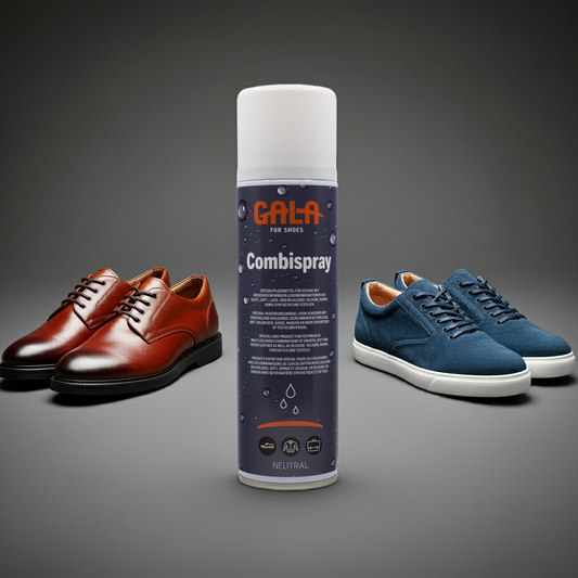 GALA-Combispray-250ml-neutral für Velourleder und Glattleder auf grauem Hintergrund mit einem Paar Velourlederschuhe und einem Paar Glattlederschuhe