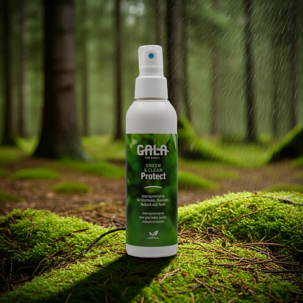CasaBellissimo GALA for Shoes Green & Clean Protect Imprägnierspray 150 ml in der Pumpsprühflasche auf Moosboden im Wald