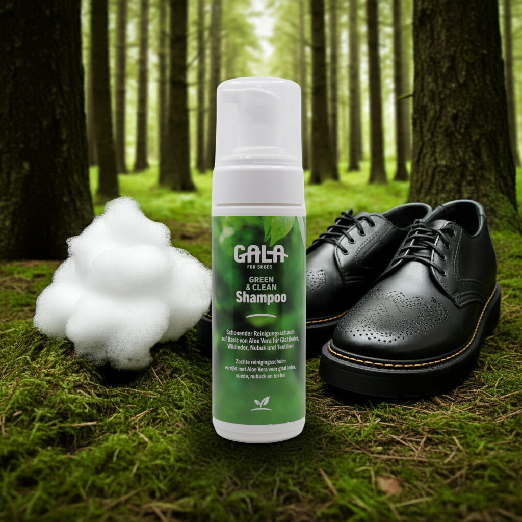 CasaBellissimo GALA for Shoes Green & Clean Shampoo 150 ml gebrauchsfertiges Schuh-Shampoo in der Spender -Flasche 125 ml auf Moosboden im Wald mit einem paar schwarzer Lederschuhe 