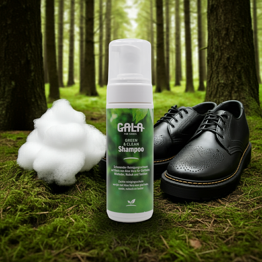 CasaBellissimo GALA for Shoes Green & Clean Shampoo 150 ml gebrauchsfertiges Schuh-Shampoo in der Spender -Flasche 125 ml auf Moosboden im Wald mit einem paar schwarzer Lederschuhe 