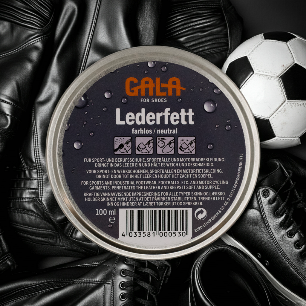 GALA for Shoes Lederfett farblos 100 ml in der geschlossenen klassischen Schuhcreme Dose im Hintergrund schwarze Lederjacke, Lederschuhe und ein Fußball