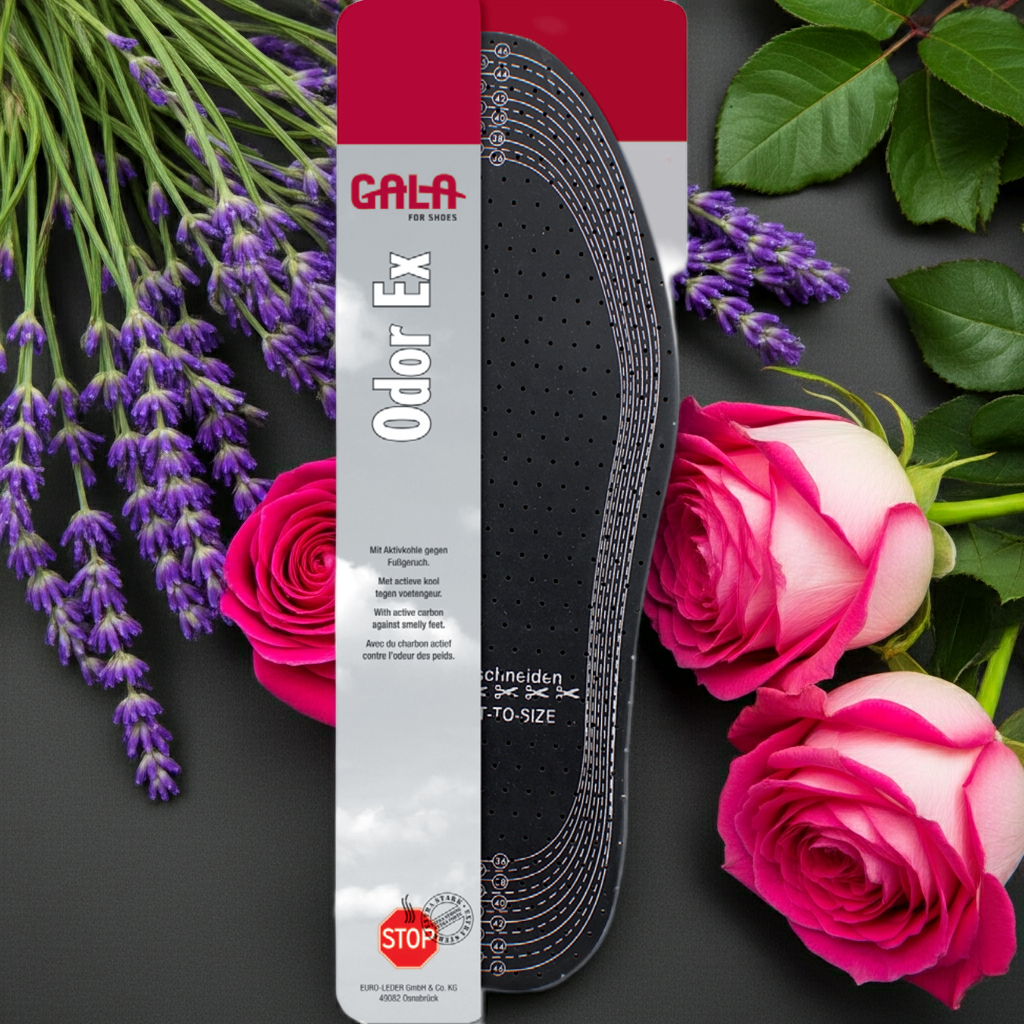 CasaBellissimo Zuschneidbar GALA Odor Ex anti Geruch Einlegesohlen mit Verpackung auf grauem Unergrund und im Hintergrund Rosen und Lavendelblüten