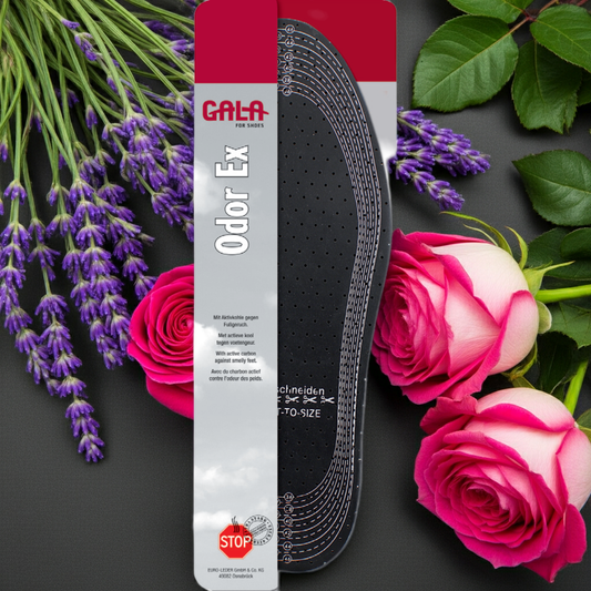 CasaBellissimo Zuschneidbar GALA Odor Ex anti Geruch Einlegesohlen mit Verpackung auf grauem Unergrund und im Hintergrund Rosen und Lavendelblüten