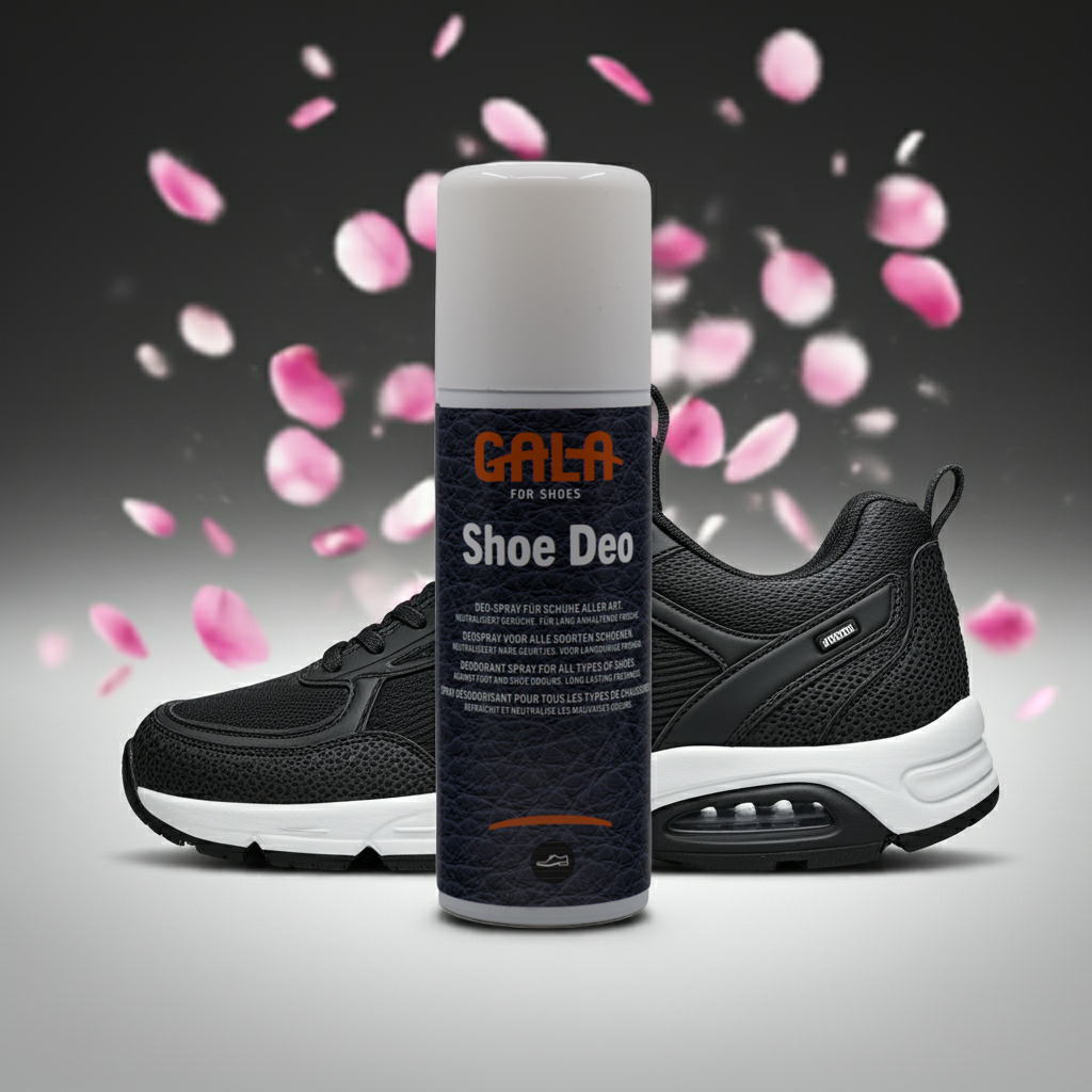 CasaBellissimo GALA for Shoes Schuh-Deo Spray 125 ml im Hintergrund ein schwarzer Sportschuh auf den Rosenblätter regnen 
