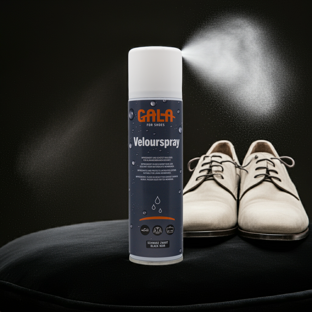GALA for Shoes Velour Spray 250 ml in schwarz, weiß oder grau auf einem  schwarzen Velourlederkissen  mit einem paar cremefarbener Wildlederherrenschuhe und schwarzem Hintergrund