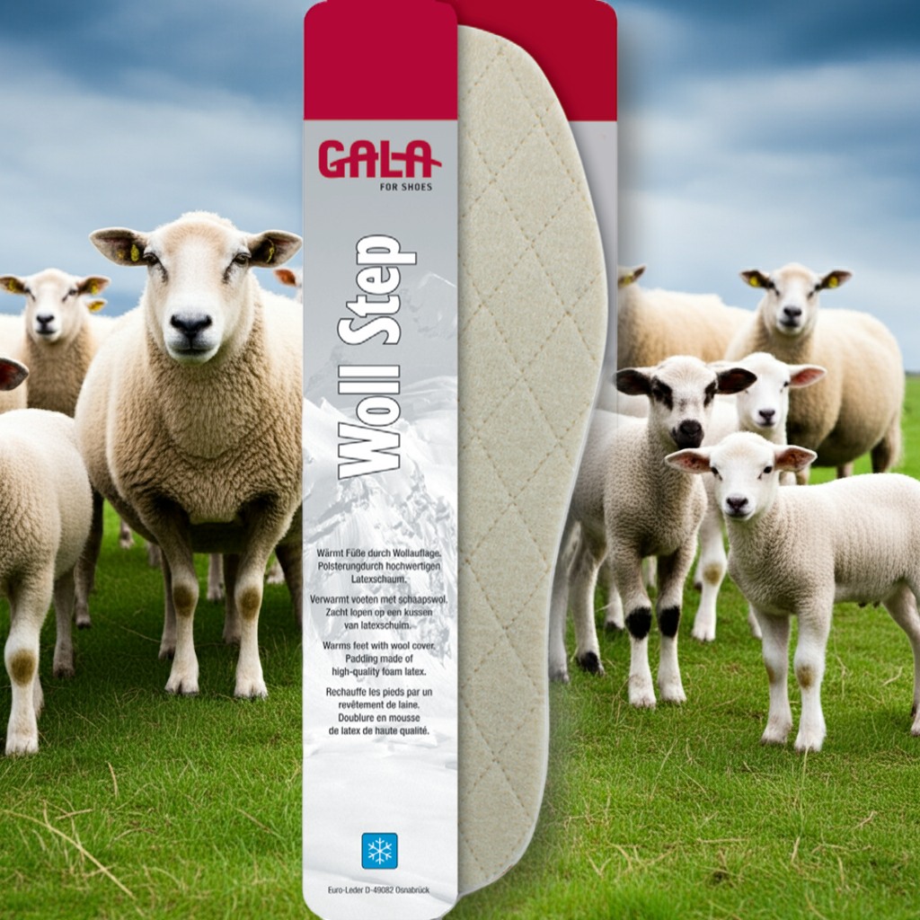CasaBellissimo cremefarbene GALA Woll Step Wollsohlen warm im Hintergrund eine grüne Wiese mit Schafen und Lämmern