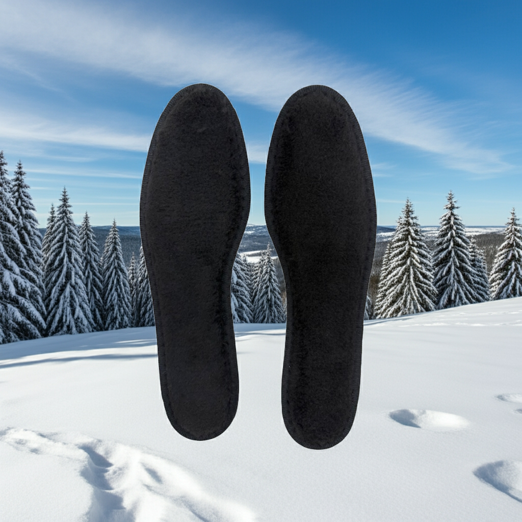 GALA warm ohne Verpackung zwei Stück Vorderseite schwarzer Plüsch und im Hintergrund ein Winterwald mit viel Schnee und Tannen