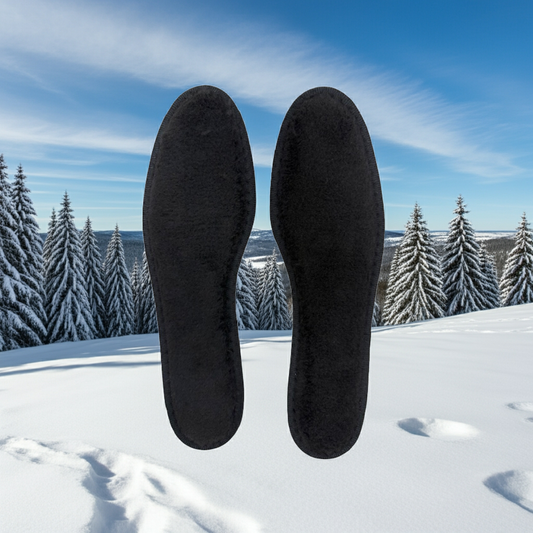 GALA warm ohne Verpackung zwei Stück Vorderseite schwarzer Plüsch und im Hintergrund ein Winterwald mit viel Schnee und Tannen