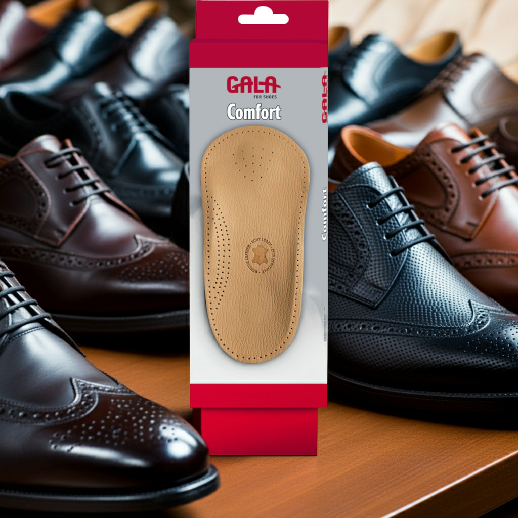 CasaBellissimo GALA Comfort Halbeinlegesohle aus Leder für Damen auf grauem Untergrund und im Hintergrund verschiedene schwarze und braune Herrenschuhe