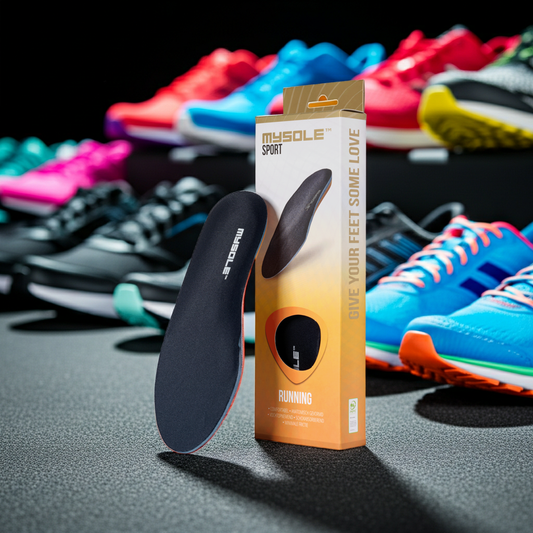 Die CasaBellissimo MYSOLE Sport Running hochwertige Einlegesohle mit Verpackung im Hintergrund viele verschiedene bunte Laufschuhe