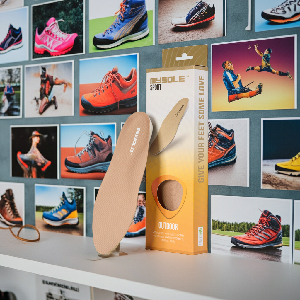 CasaBellissimo Mysole Einlegesohle Sport outdoor auf einem Regalbrett und im Hintergrund eine Fotowand mit verschiedenen Fotos von Outdoor Sportarten