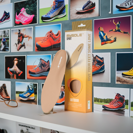 CasaBellissimo Mysole Einlegesohle Sport outdoor auf einem Regalbrett und im Hintergrund eine Fotowand mit verschiedenen Fotos von Outdoor Sportarten