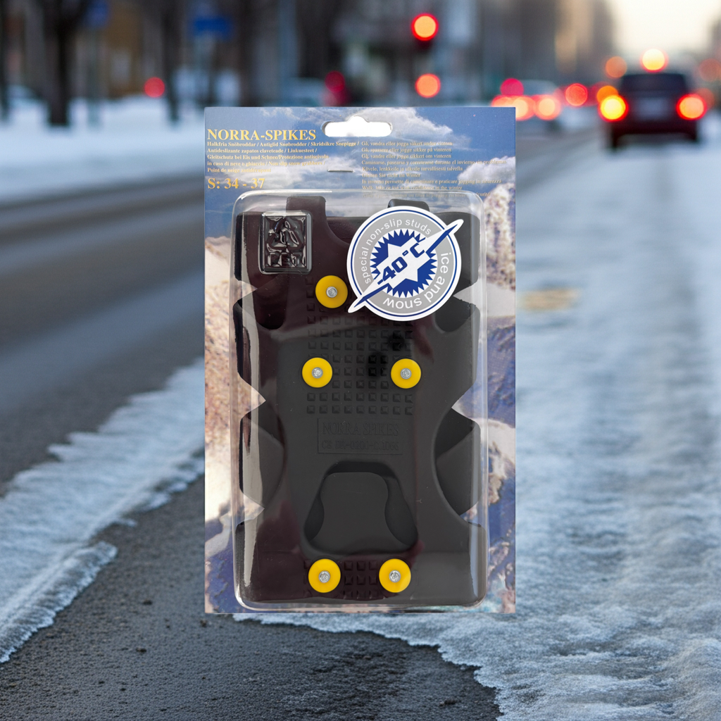 CasaBellissimo Norra Spikes Größe S (34-37) aus Gummi und mit Klarsicht - Verpackung. Im Hintergrund eine vereiste Straße im Winter