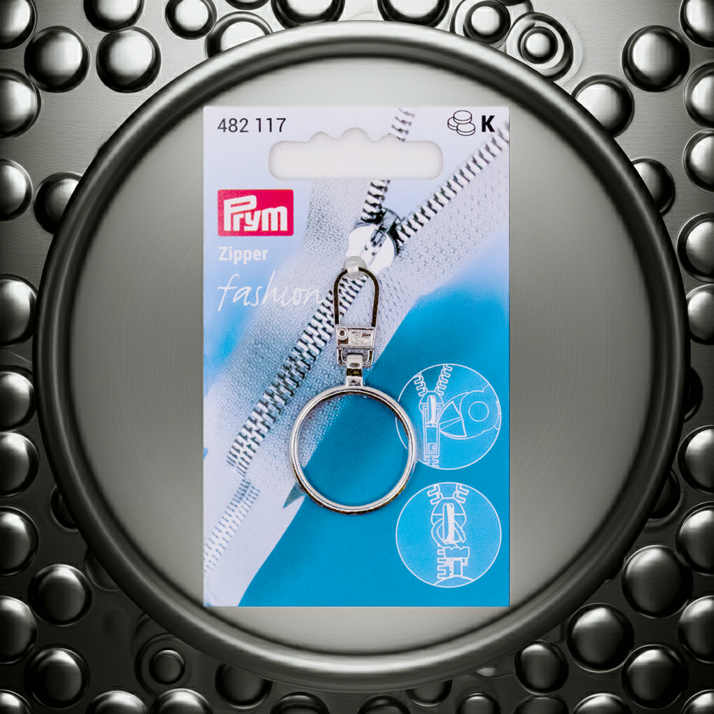 Prym Reißverschluß-Zipper-Fashion "Ring" silberfarbig auf einem Hintergrund aus silberfarbigen Metall in einem großen Ring umgeben von kleinen erhabenen Kreisen