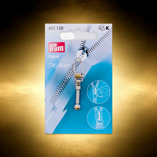 CasaBellissimo  Prym Reißverschluß-Zipper-Fashion "Keule" silberfarbig - Modischer Zipper - Anhänger zum Aufwerten von Lederkleidung und -taschen, Mäntel und Jacken auf metallischem goldenem Hintergrund