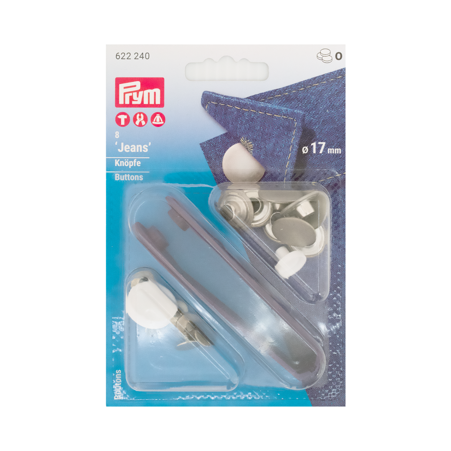 Prym Jeansknöpfe nähfrei, Ø 17 mm in silber und mit Werkzeug in der Blister Verpackung
