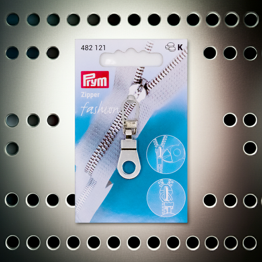 CasaBellissimo Prym Reißverschluß Zipper Fashion Anhänger "Öse" silberfarbig mit silbernem Lochblech Hintergrund