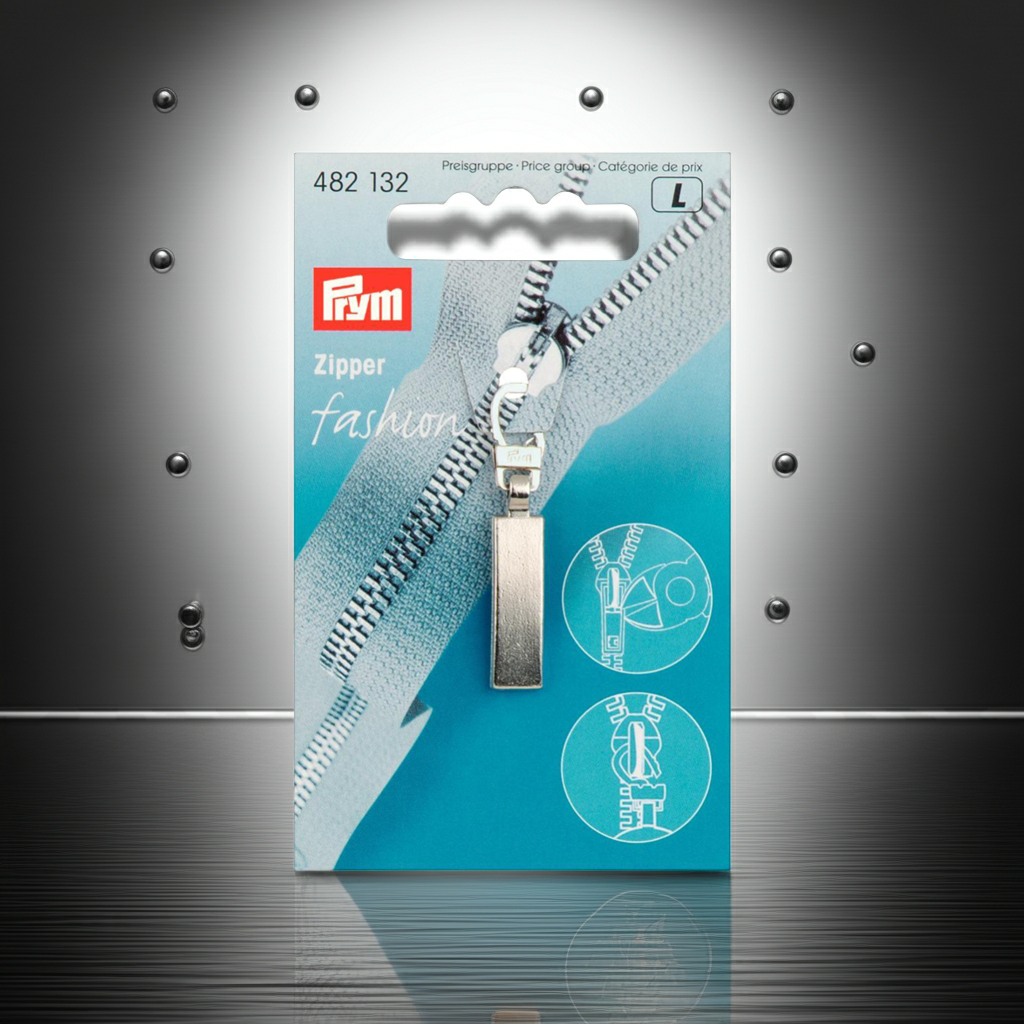 CasaBellissimo Prym Reißverschluß-Zipper-Fashion "Classic" rechteckig silberfarbig Zipperanhänger auf silbernem Hintergrund