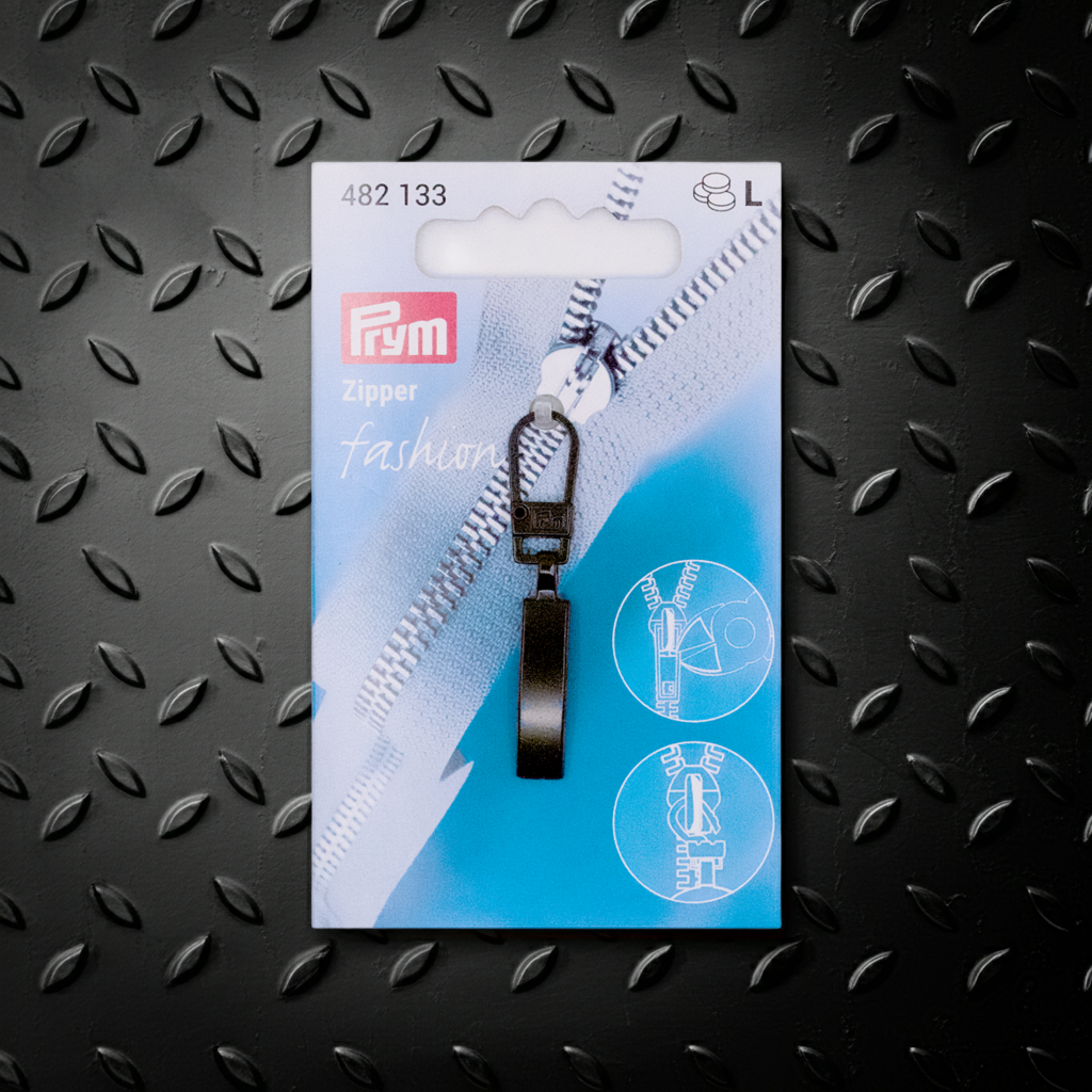 CasaBellissimo Prym Reißverschluß-Zipper-Fashion "Classic" rechteckig schwarz Zipperanhänger auf schwarzem Riffelblech