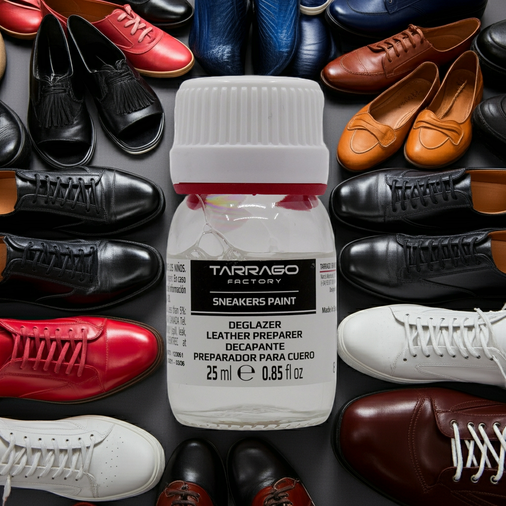 Tarrago Sneakers Deglazer Leder-Vorbereiter in der kleinen Glas Schraubflasche 25ml auf grauem Untergrund und im Hintergrund viele verschiedenfarbige Lederschuhe 