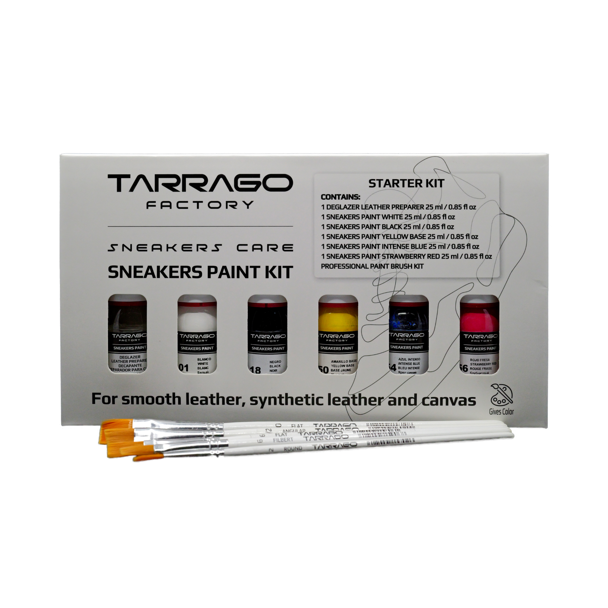 Das Tarrago Sneakers Paint-Set, Starter Kit, 11-teilig In der schwarz weißen Pappverpackung. Die einzelnen Farbflaschen sind durch Aussparungen in der Verpackung erkennbar. Vor der Packung liegen Pinsel in diversen Stärken