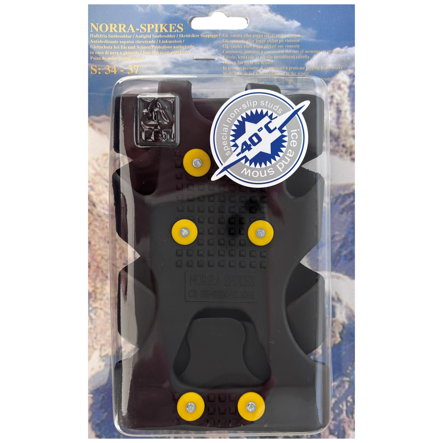 Norra Spikes Größe S (34-37) aus Gummi und mit Klarsicht - Verpackung