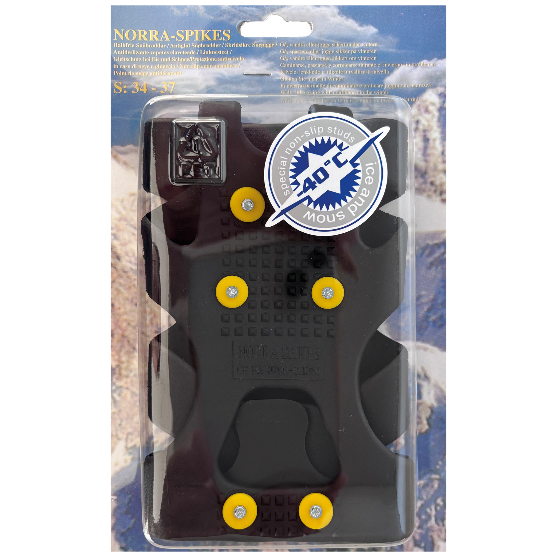 Norra Spikes Größe S (34-37) aus Gummi und mit Klarsicht - Verpackung