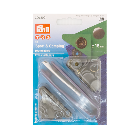 Prym Druckknöpfe "Sport & Camping", nähfrei, Ø 15 mm, brüniert und mit Werkzeug in der Blister Verpackung
